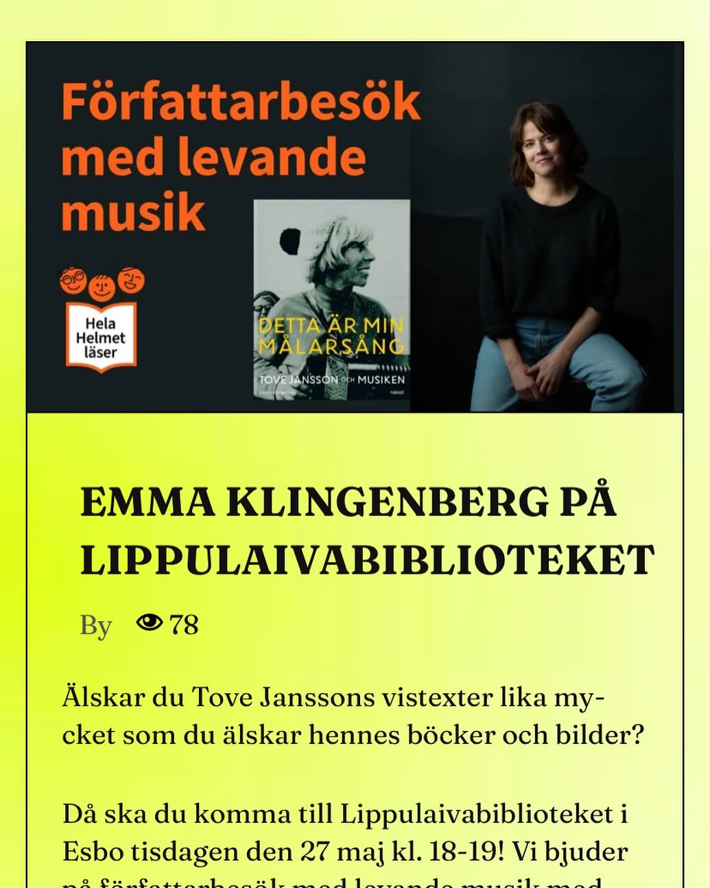 IKV&Auml;LL! Jag pratar om processen med boken och sjunger n&aring;gra visor. Med mig har jag denna g&aring;ng pianisten Kalle Katz. Gratis intr&auml;de och m&ouml;jlighet att k&ouml;pa en bok f&ouml;r specialpris. Kom det blir kul! #tovejansson #det