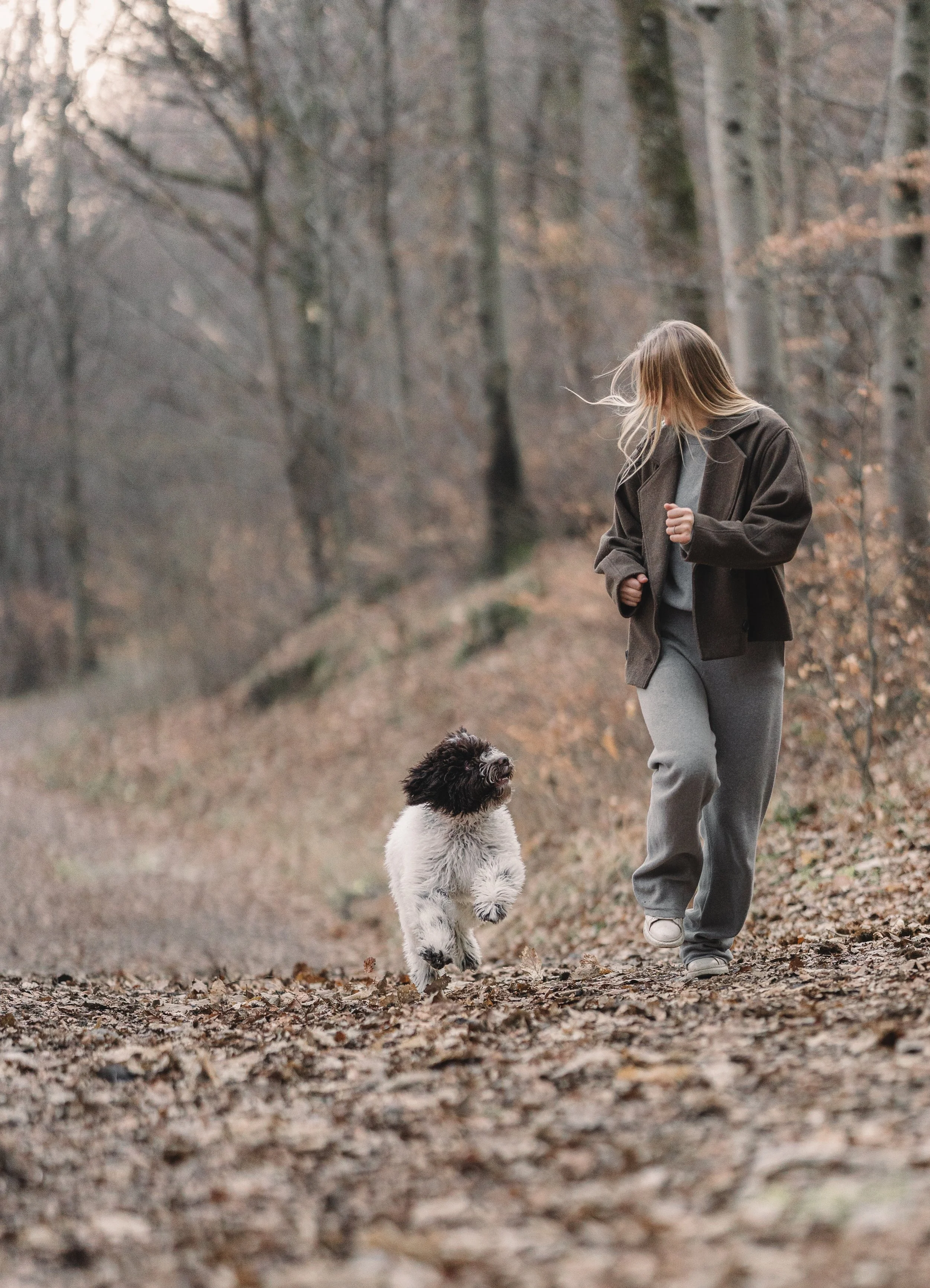 hondenfotoshoot vrouw met hond in bos tijdens herfstwandeling