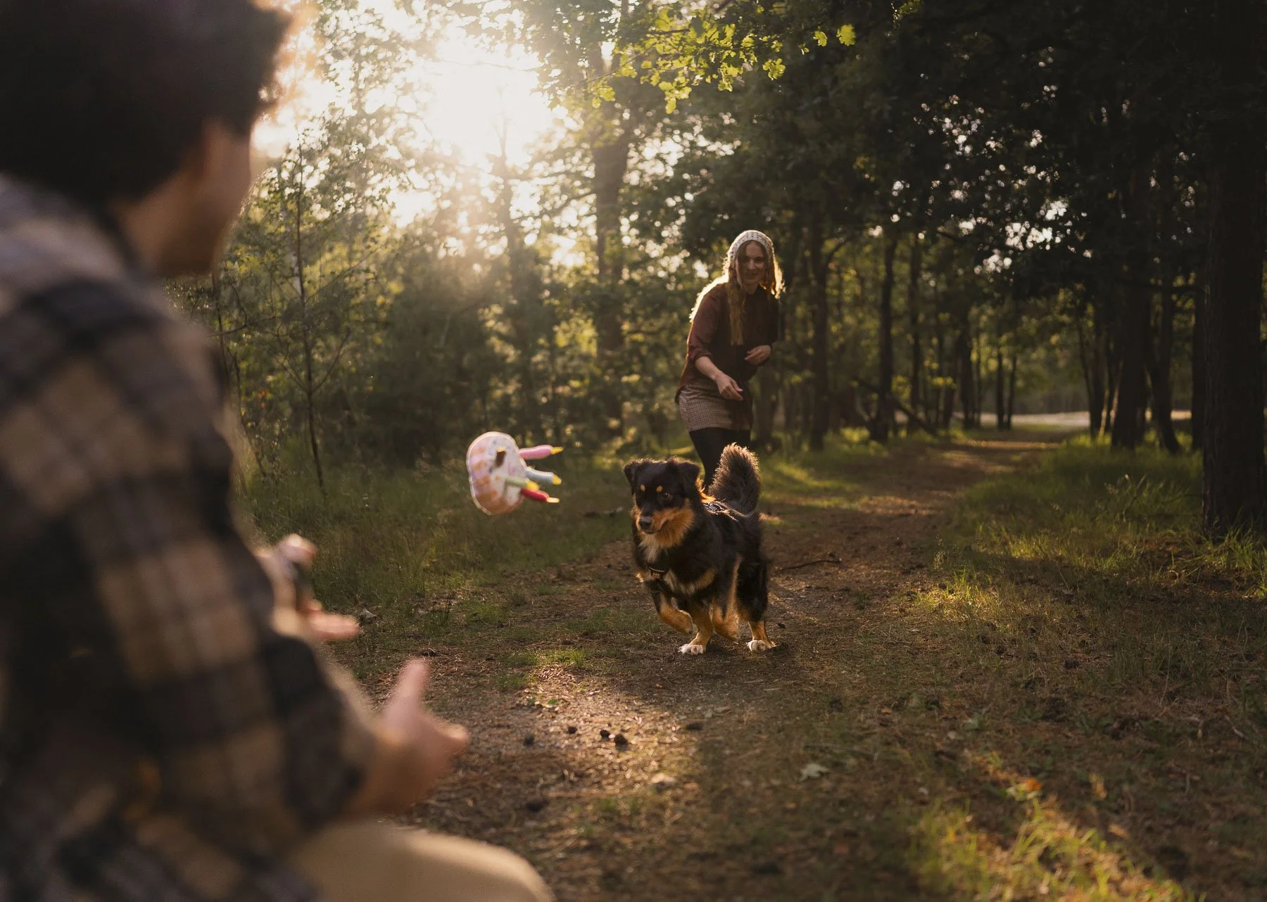 Kinderen spelen met een hond in een bos tijdens zonsondergang. Eén kind staat op de achtergrond lachend, een kind in de voorgrond kijkt naar een hond die achter een bal aanrent.
