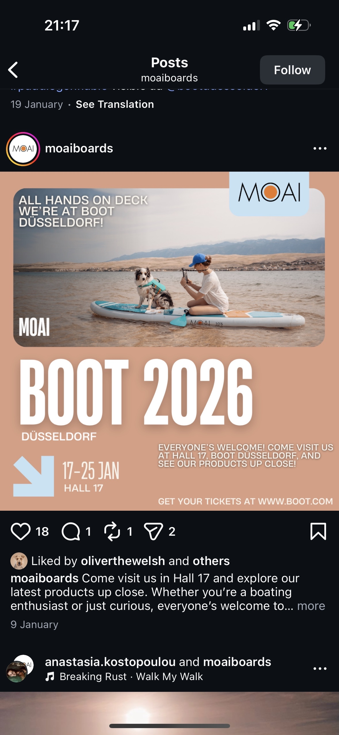 A flyer for the BOOT 2026 trade show in Düsseldorf, featuring a person and a dog on a paddleboard on a lake with mountains in the background. The event is scheduled for January 17-25 at Hall 17, with an invitation to visit and explore products.