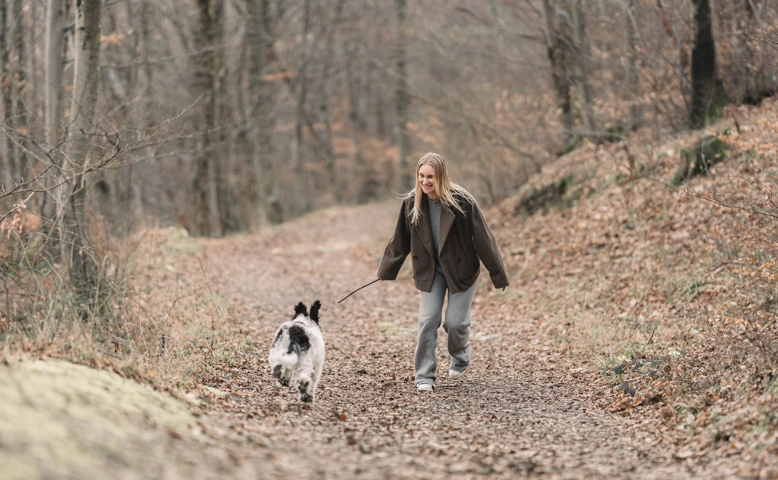 vrouw loopt met hond aan lijn door bos met herfstkleuren en bladeren op de grond