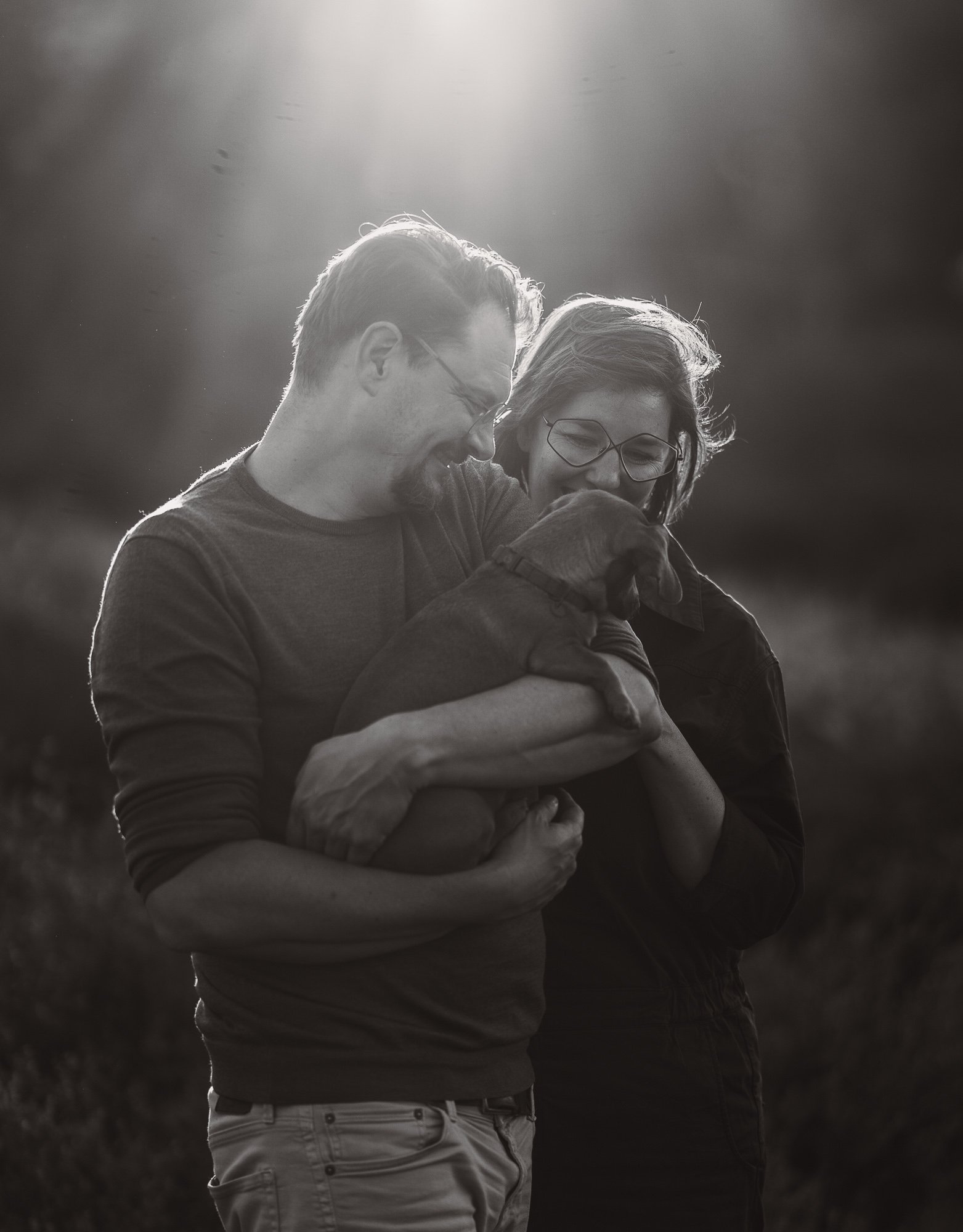 Tijdloze zwart-wit foto van teckel met eigenaren in de duinen met sterke compositie en lichtspe