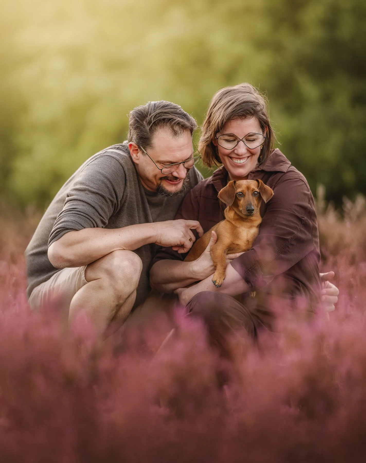 Gezin met hun teckel tijdens een hondenfotoshoot op de heide bij Nuland