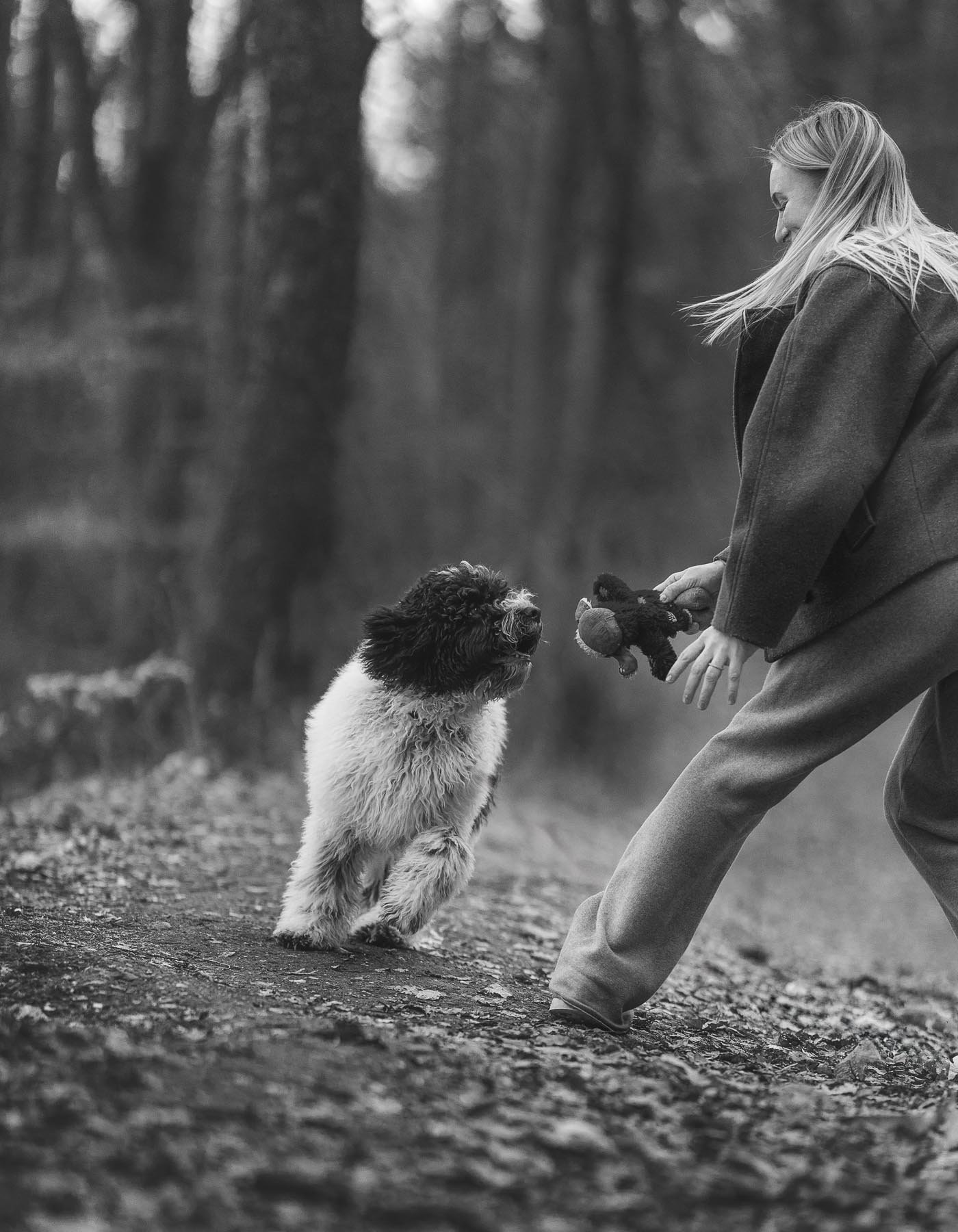 Vrouw speelt met haar grote, fluffy hond met een speelgoed in een bos, zwart-wit foto.