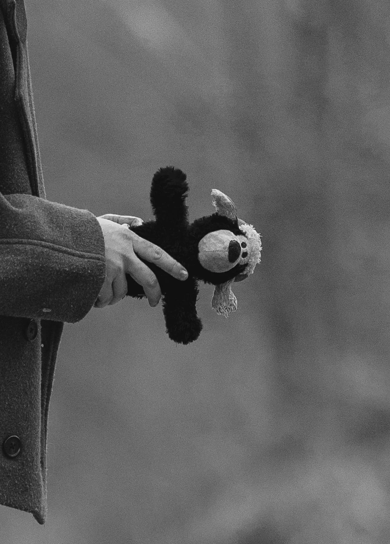 Een persoon in een jas houdt een knuffel van Mickey Mouse vast tegen een grijze achtergrond.