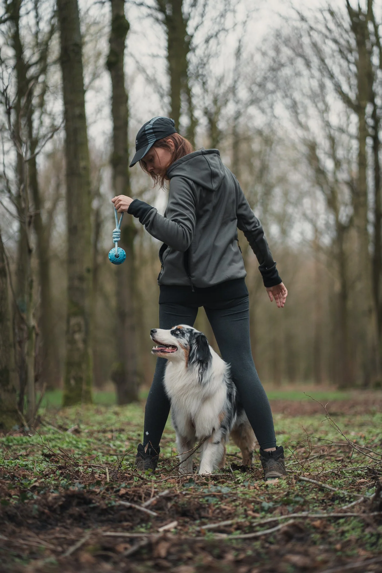 Een vrouw in een grijze jas en zwarte legging met een zwarte pet staat in het bos en houdt een blauw speeltje met touw vast, terwijl een Australian Shepherd hond gehoorzaam naast haar zit.