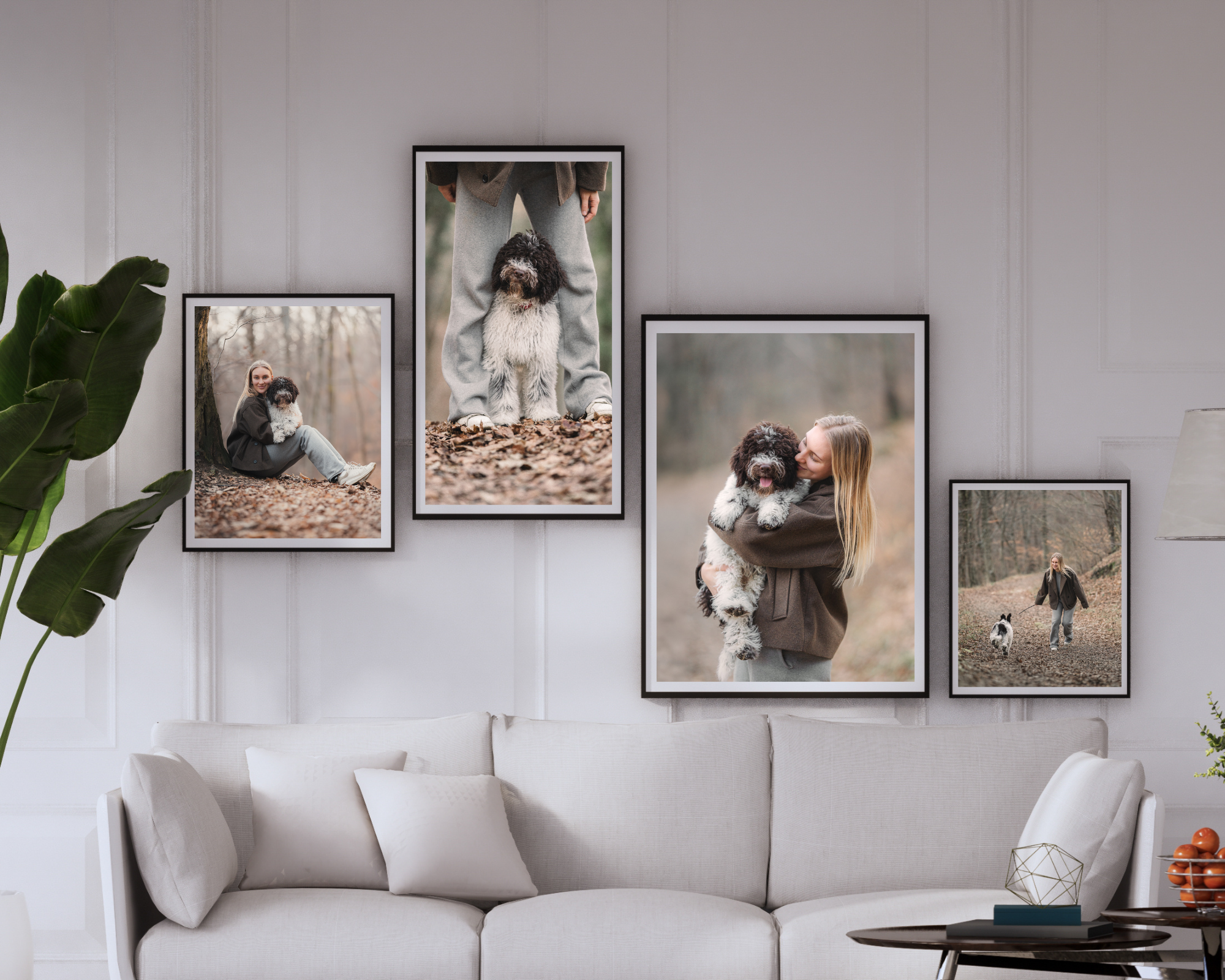 Creëer een persoonlijke gallery wall met meerdere hondenfoto’s. Combineer verschillende beelden van jouw hondenfotoshoot tot een unieke wanddecoratie vol herinneringen.
