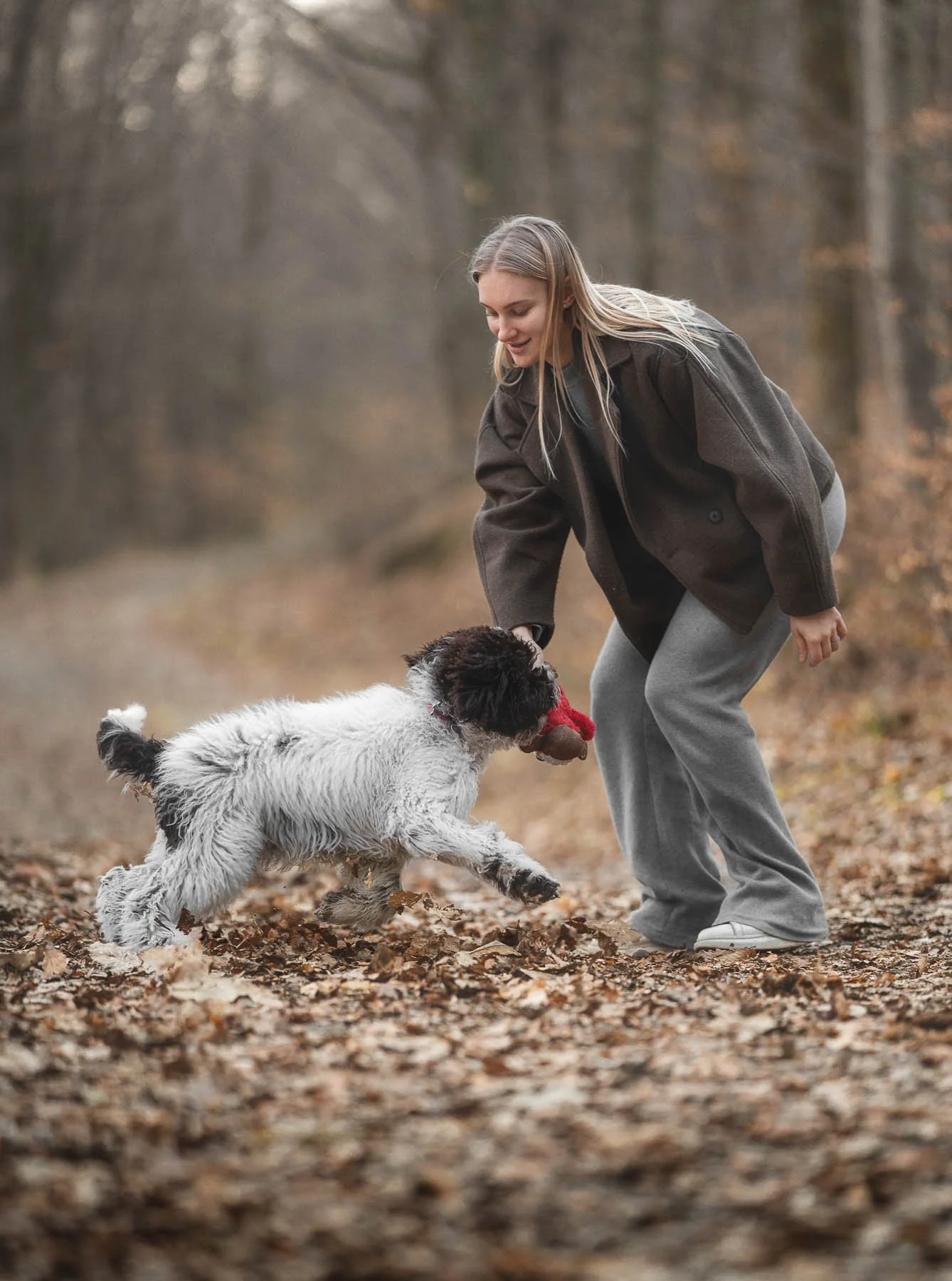 Een jonge vrouw speelt met een hond in een bos met vallende bladeren.