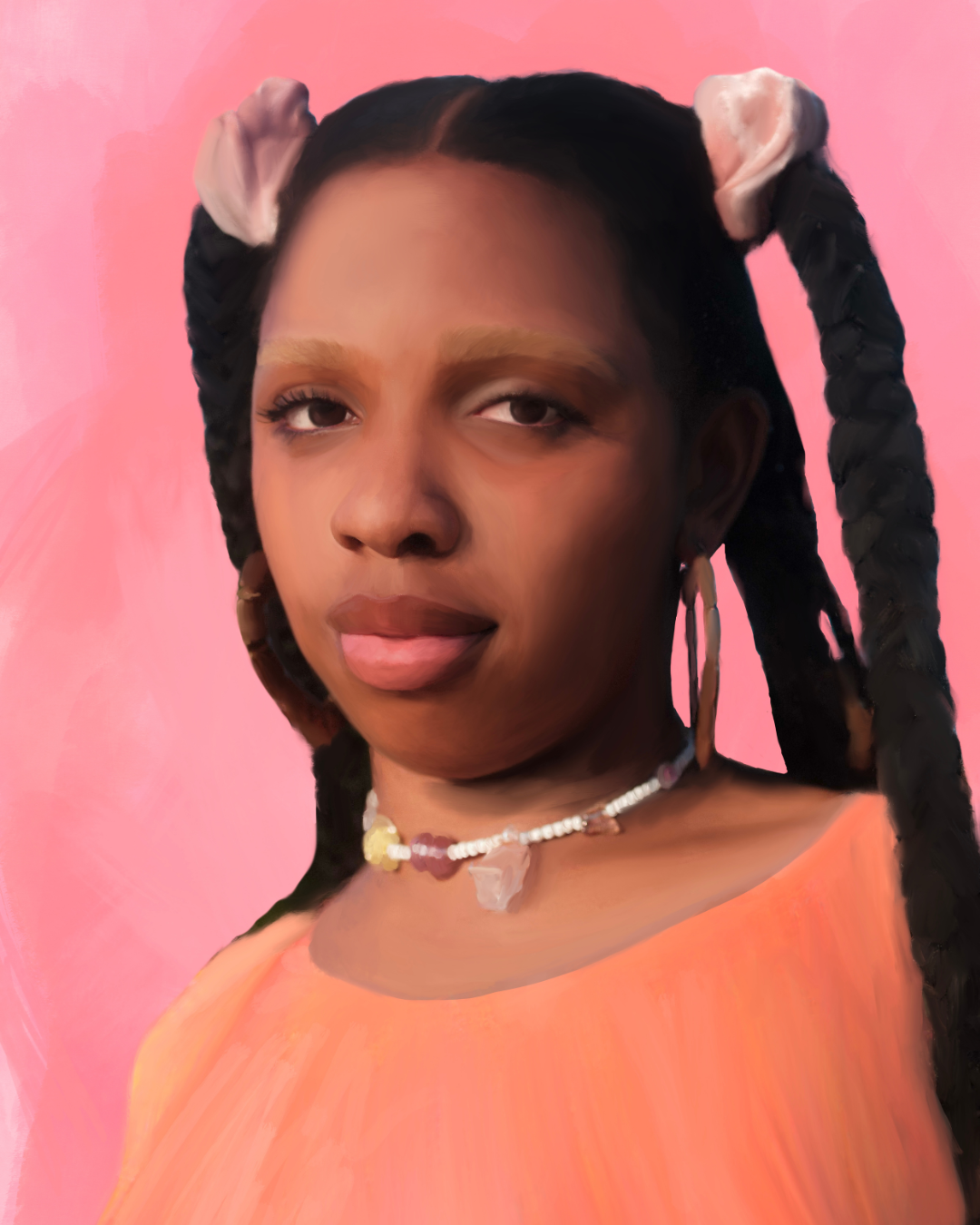 A woman with dark braided hair styled into two large puff buns. She wears a peach-colored top, large hoop earrings, and a necklace with beads and a pendant. The background is pink.