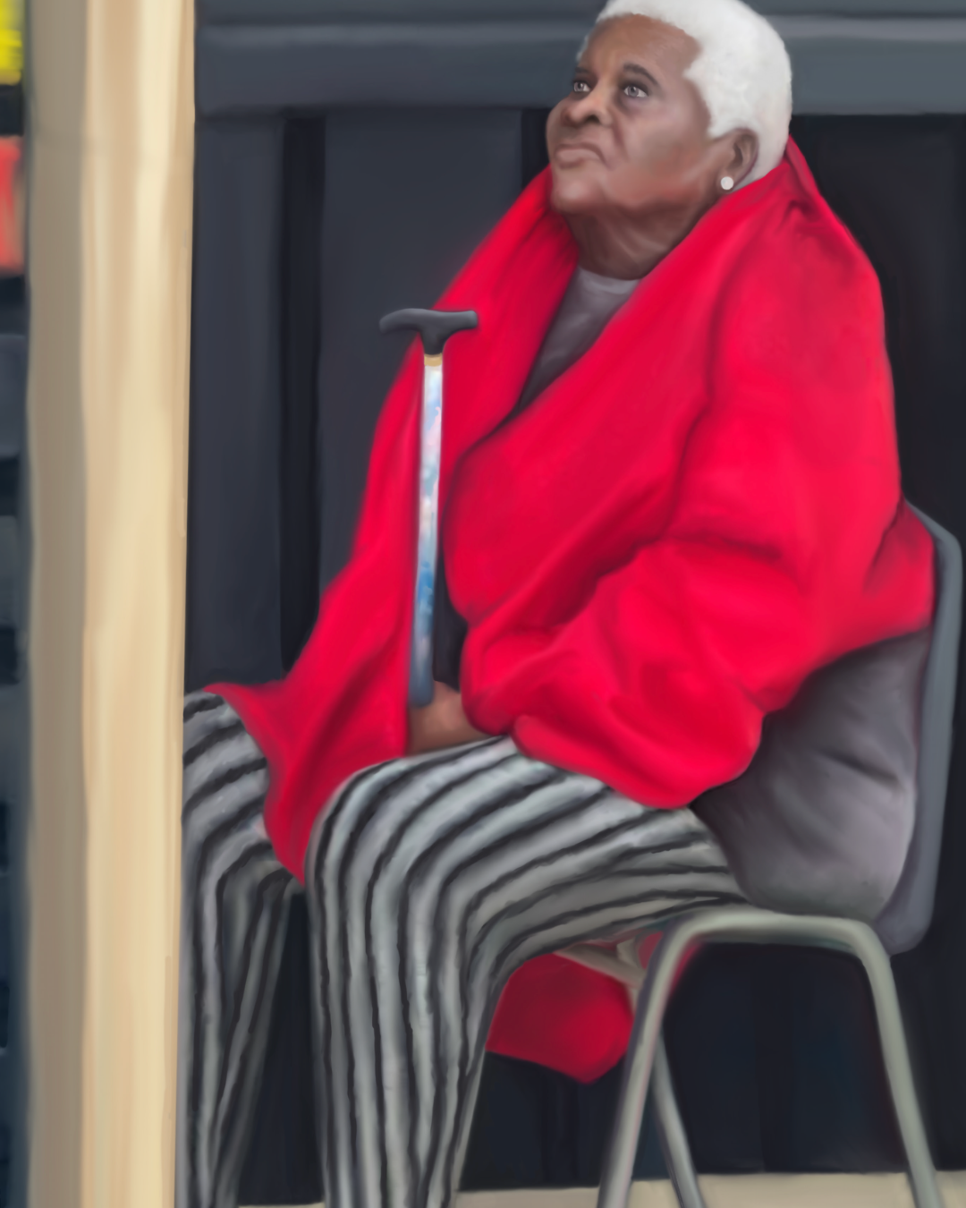 An elderly woman with white hair wearing a red jacket, striped pants, holding a cane, sitting on a chair inside a building.