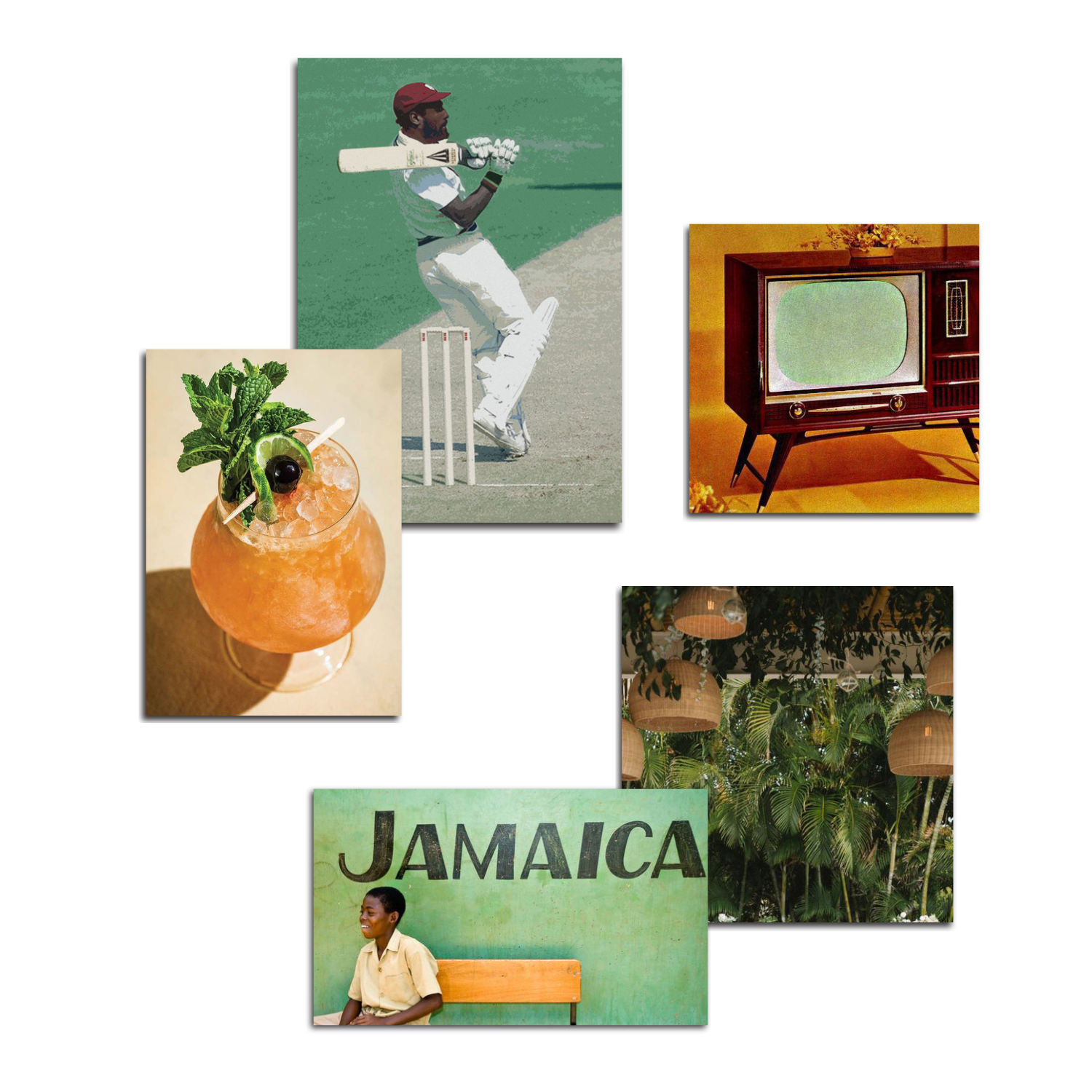 Collage of five images: a cricket player on a field, a vintage television, a cocktail garnished with mint and fruit, a tropical garden with hanging lamps, and a woman sitting on a bench in front of a green wall with 'JAMAICA' written on it.