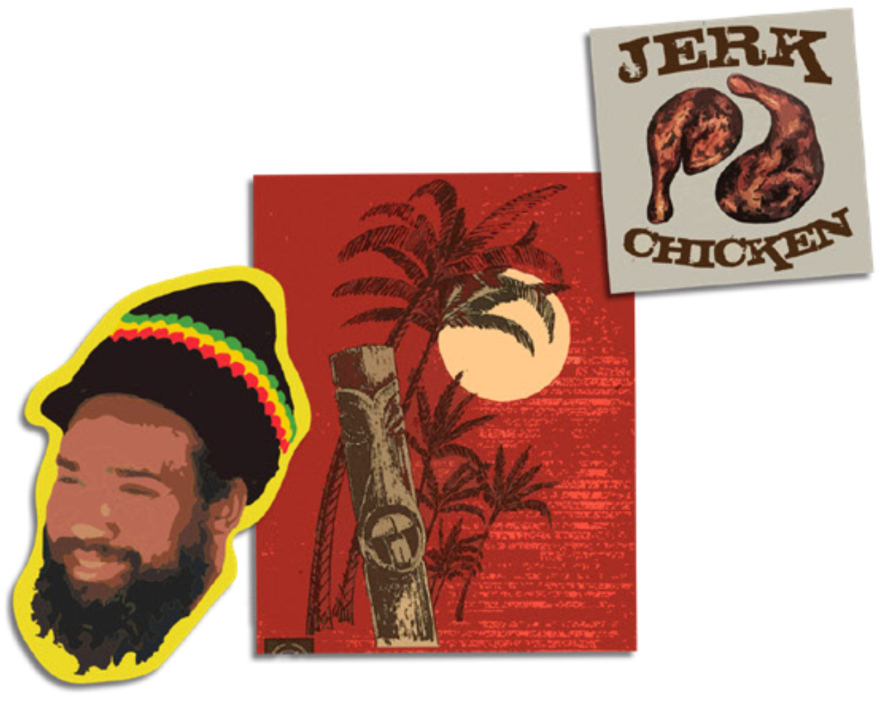 A collage of three stickers. One with a smiling man with a beard wearing a Rastafarian hat with red, yellow, and green stripes, outlined in yellow. Another with a sunset scene, red background, black trees, a white sun, and a tree branch. The third sticker has the text "Jerk Chicken" with images of two raw chicken drumsticks.