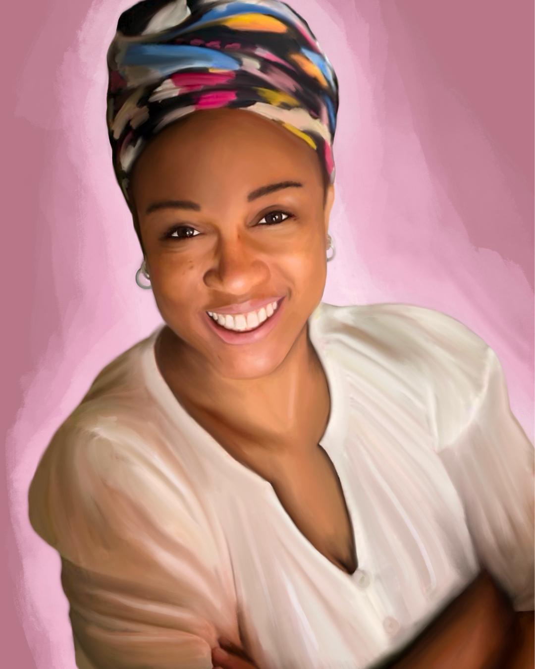 Portrait of a smiling woman wearing a colorful head wrap and a cream blouse, against a pink background.