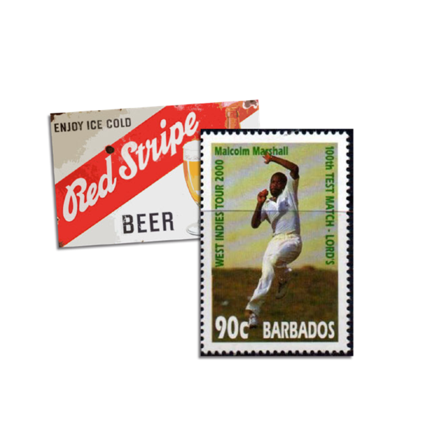 A vintage postage stamp from Barbados featuring a man in white clothes running with a ball, marked 90 cents, with green text for Malcolm Marshall, part of the West Indies Tour 2000.