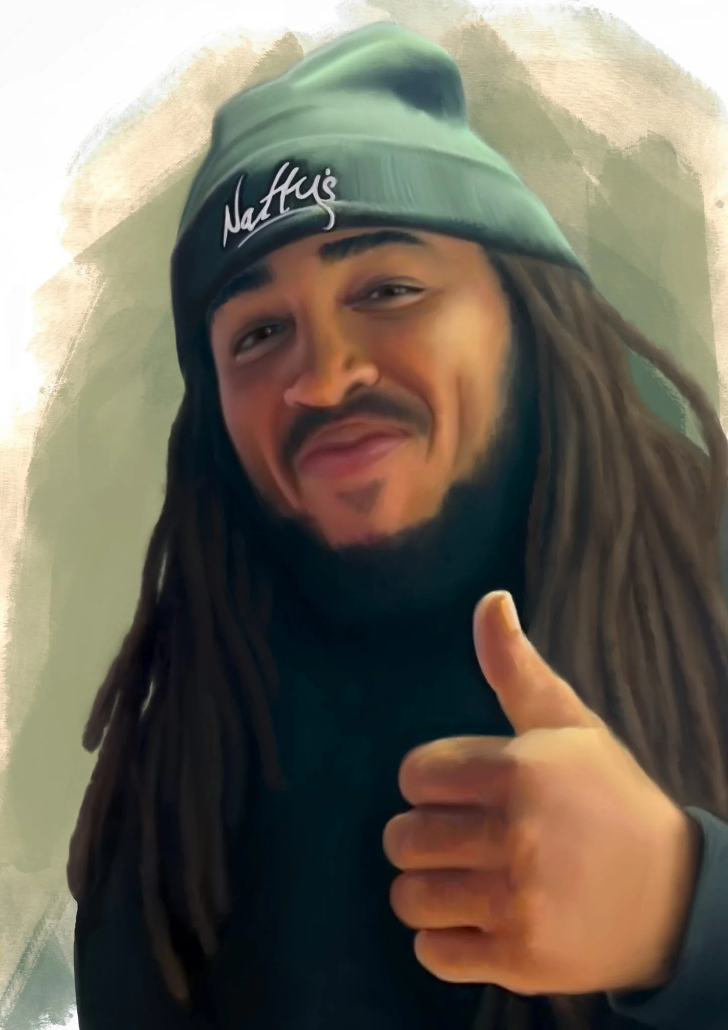 Young man with dreadlocks wearing a beanie that says 'Natty's' and giving a thumbs-up.