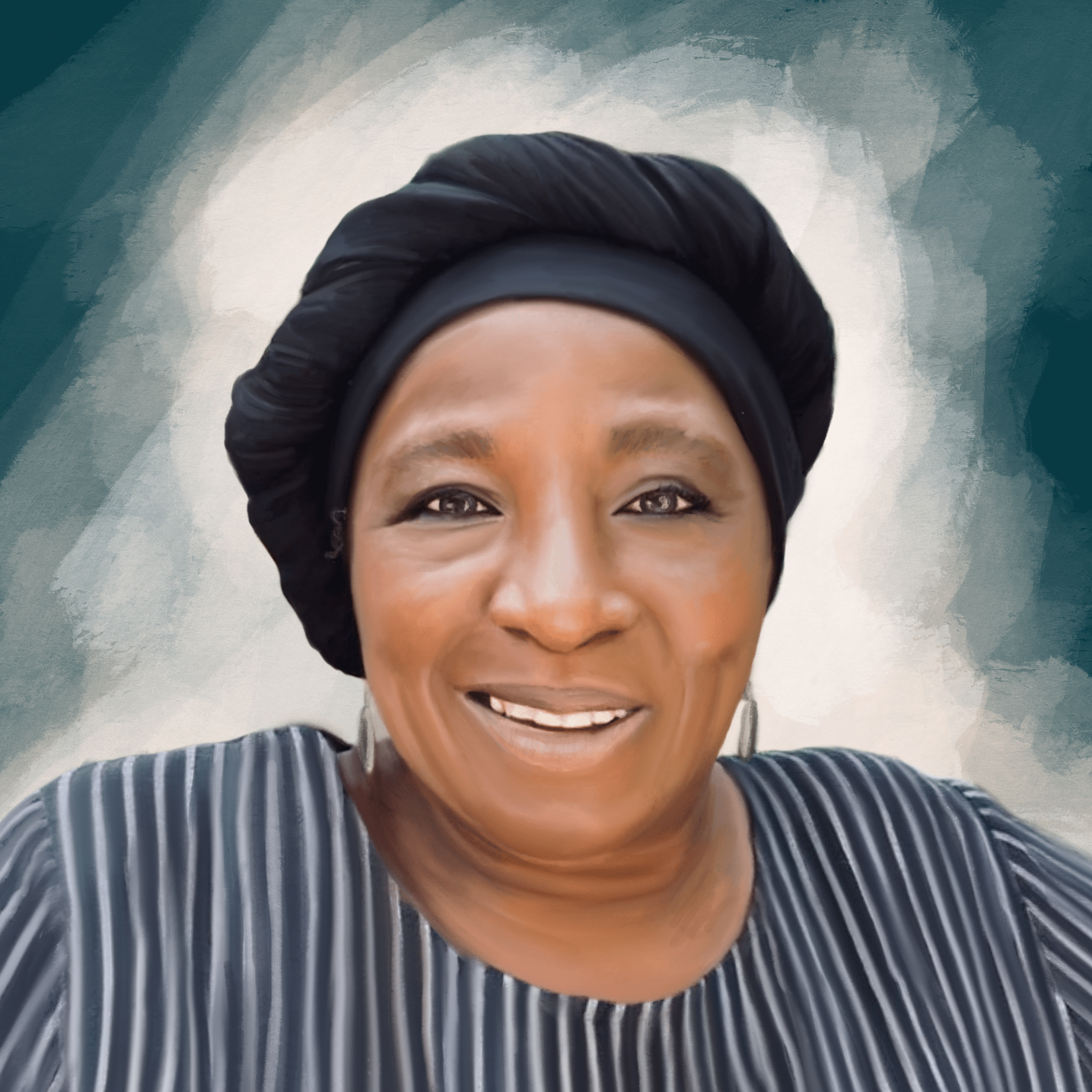 A woman smiling, wearing a black headwrap and earrings, with a striped shirt, against a stylized painted background.