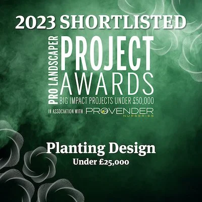 "2023 Shortlisted Pro Landscaper Project Awards" text with "Planting Design Under £25,000" on a green background, featuring decor elements. Associated with Provender Nurseries.