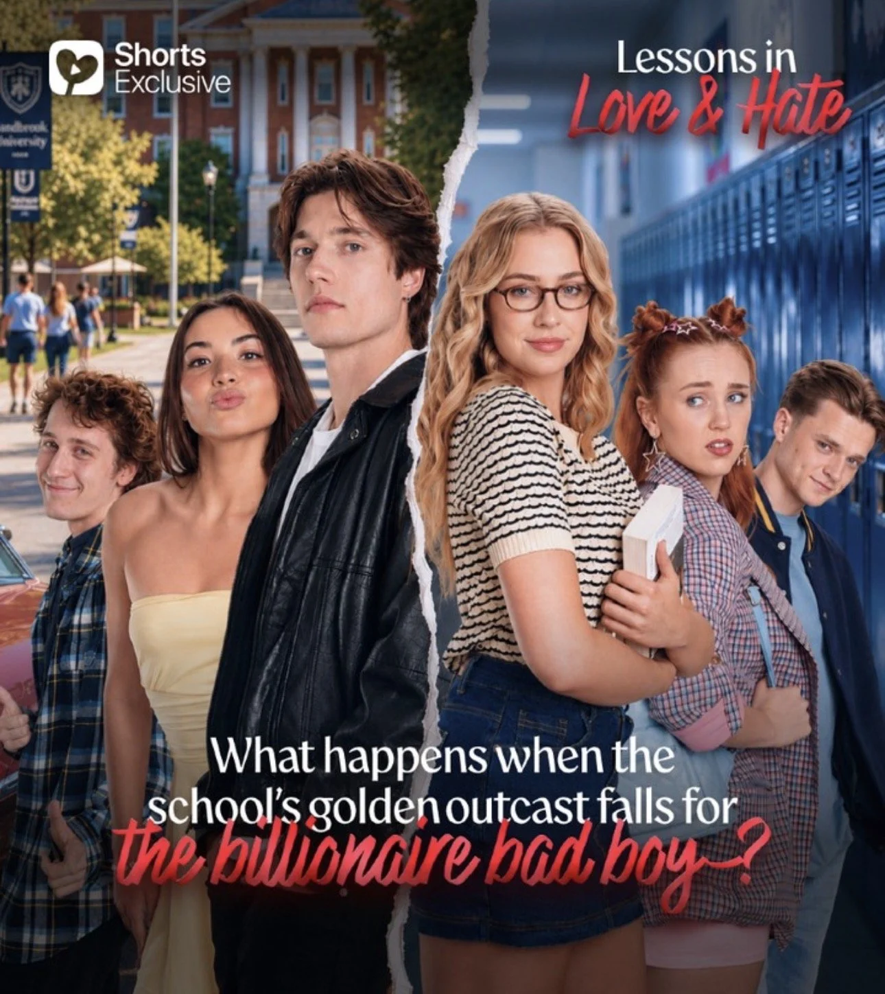 Group of six teenagers standing outdoors in front of a school with a split background logo of 'Shorts Exclusive' and text referencing lessons in love and hate, and the story of a billionaire bad boy.