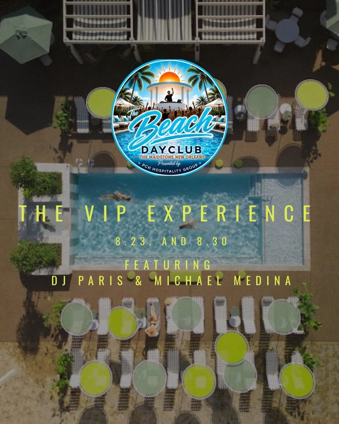 The VIP Experience is Here! 🍾The Beach Day Club Edition! Join us this Sunday and Next for the Ultimate Day Club Vibe!! 12-6! Free Entry! ☀️ Featuring @officialparis &amp; @djmichaelmedina ! 🎧 Bites from @glizziesbypoppallc &amp; Pre-Reserved Menu a