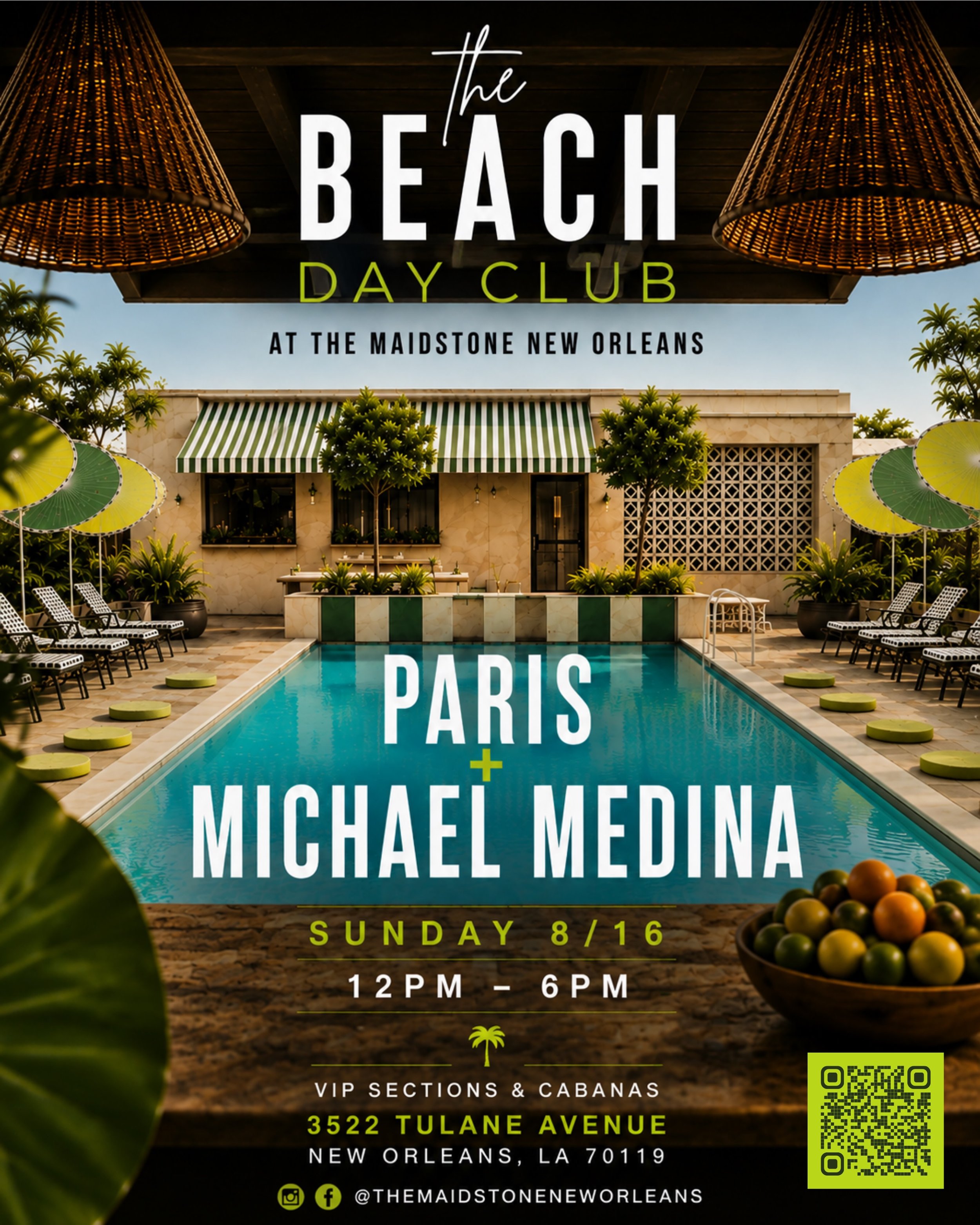 This Sunday!!! 🍾 The Beach Day Club!  Secure your spot now! Ticket link in bio! 🎧 @officialparis &amp; @djmichaelmedina 🌭 @glizziesbypoppallc #thebeachdayclub #themaidstoneneworleans #neworleansevent