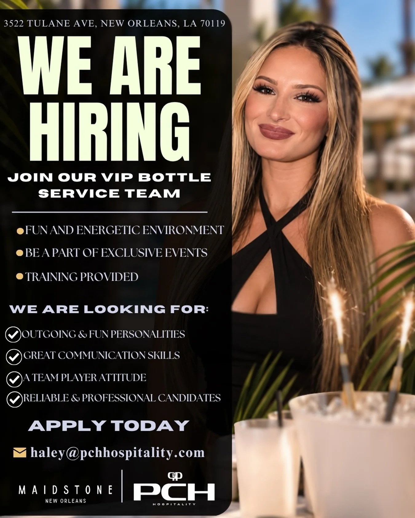 We&rsquo;re hiring! 🍾 Join the Maidstone Bottle Service team to host pool club VIP experiences &amp; exclusive events!

Please send in your headshot and resum&eacute; to haley@pchhospitality.com