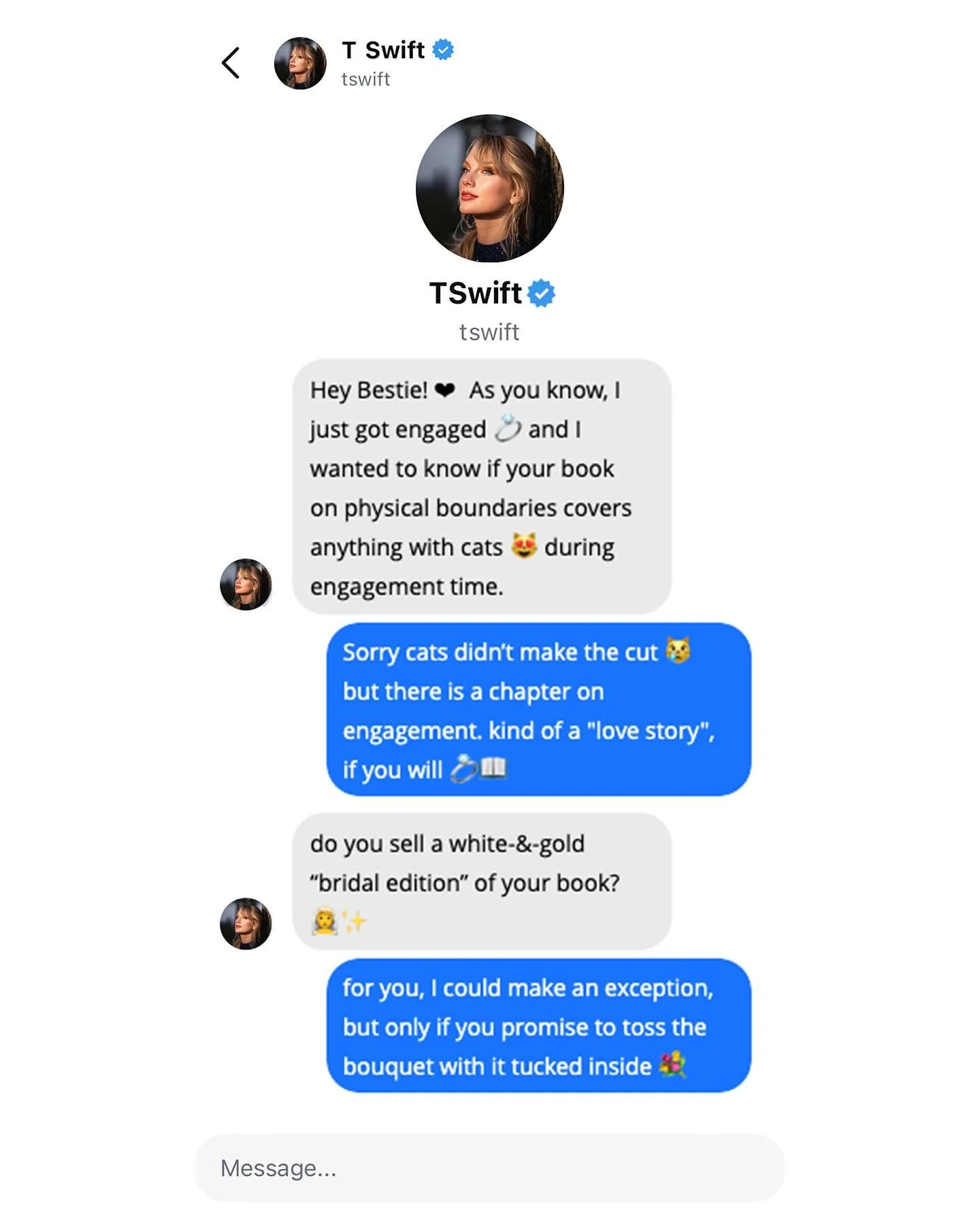 Pretty sure Taylor didn&rsquo;t actually DM me this after her engagement announcement&hellip; but if she did, here&rsquo;s how it would go. 💍✨ #Parody #HowFarIsTooFar&rdquo;  Thanks for letting me be playful @taylorswift. Congratulations on the enga