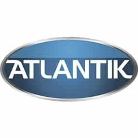 Atlantik logo on a blue oval background with metallic edges.