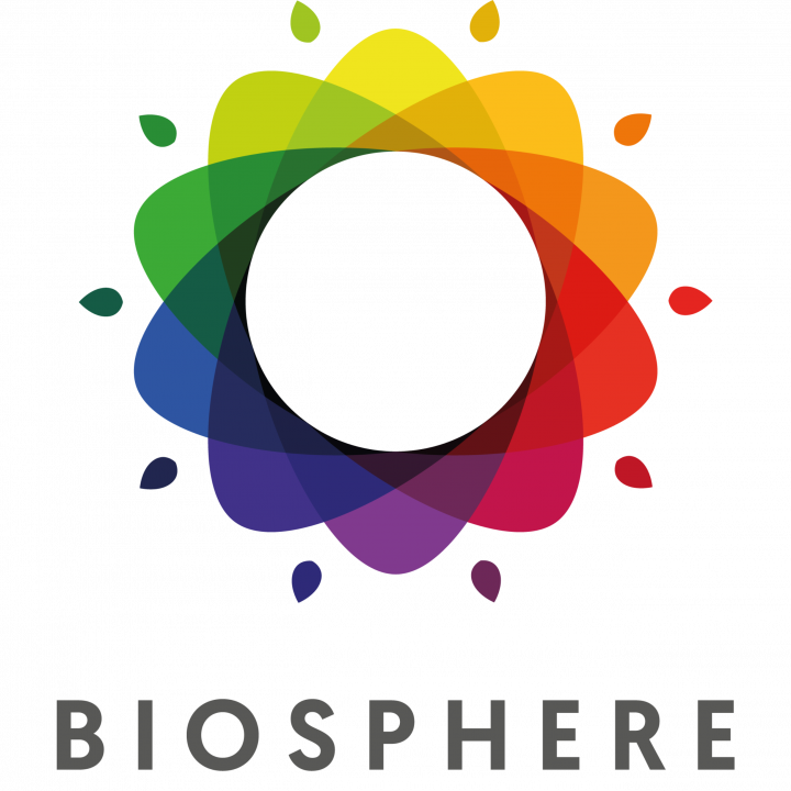 Colorful circular logo with overlapping rainbow-colored petals and the word "BIOSPHERE" beneath it.