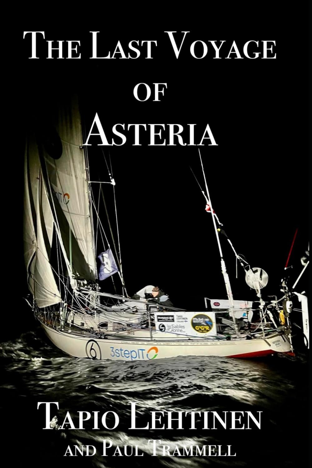 Book cover for 'The Last Voyage of Asteria' showing a sailing yacht at night on dark water.