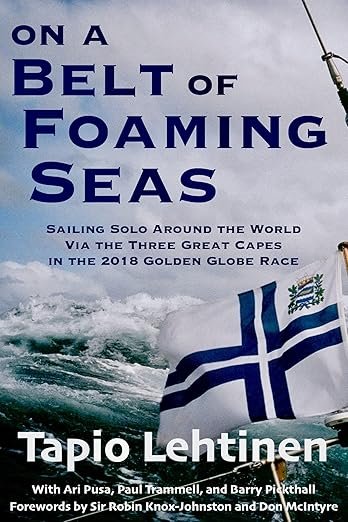 Book cover titled "On a Belt of Foaming Seas" by Tapio Lehtinen, featuring a sailing boat with a Greek flag against ocean waves.