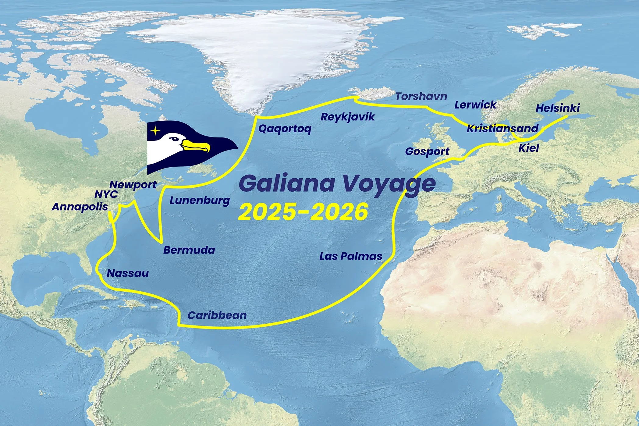 Map showing the route of the Galiana Voyage 2025–2026 with yellow lines and ship's logo. It begins in Newport, NYC, Annapolis, Nassau, Caribbean, Bermuda, Lunenburg, and heads toward Reykjavik, Torshavn, Lerwick, Kristiansand, Kiel, Gospord, Las Palmas, and ends in Helsinki.
