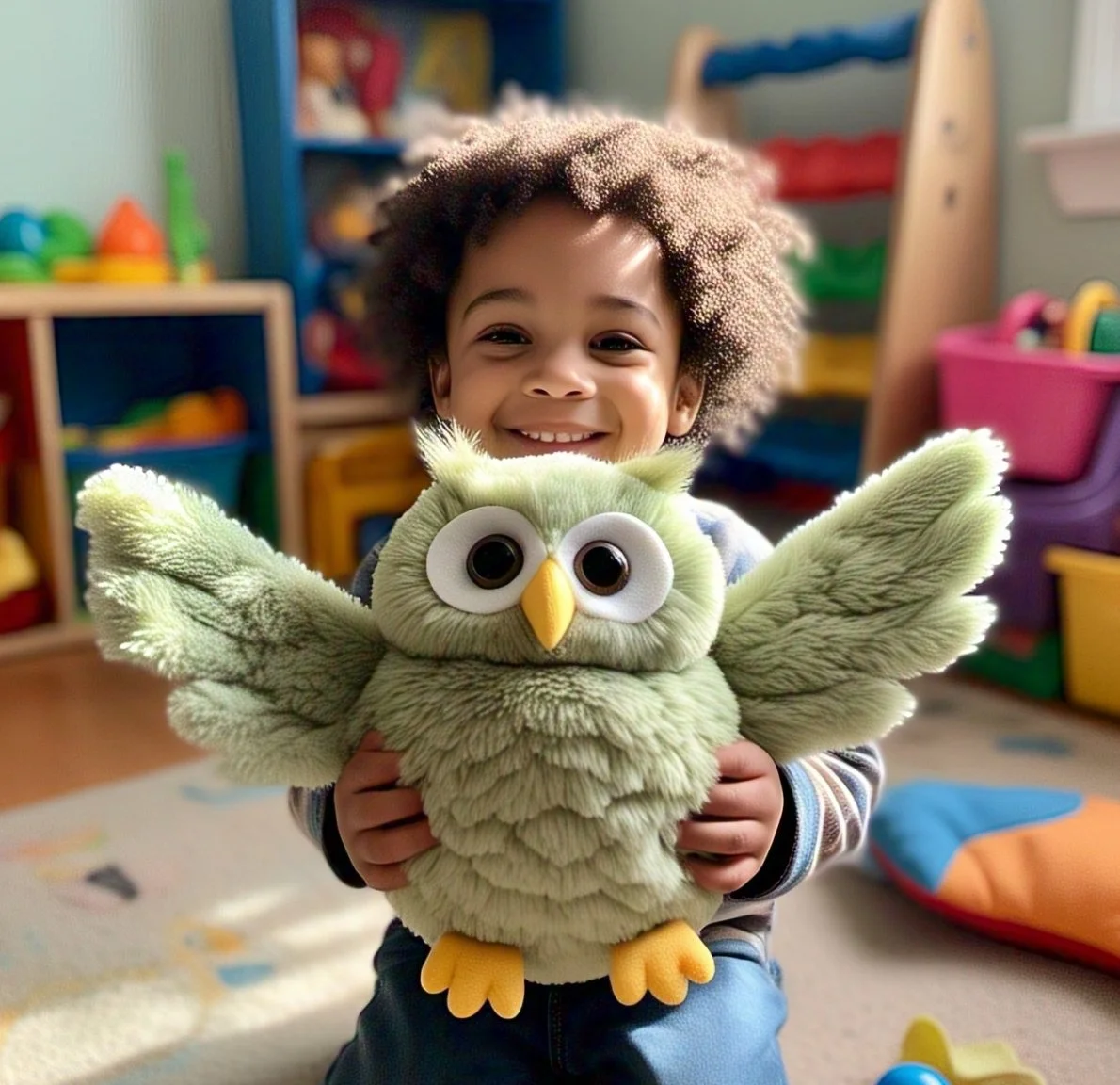 Child smiling and holding a plush owl toy in a playroom with toys and shelves in the background.