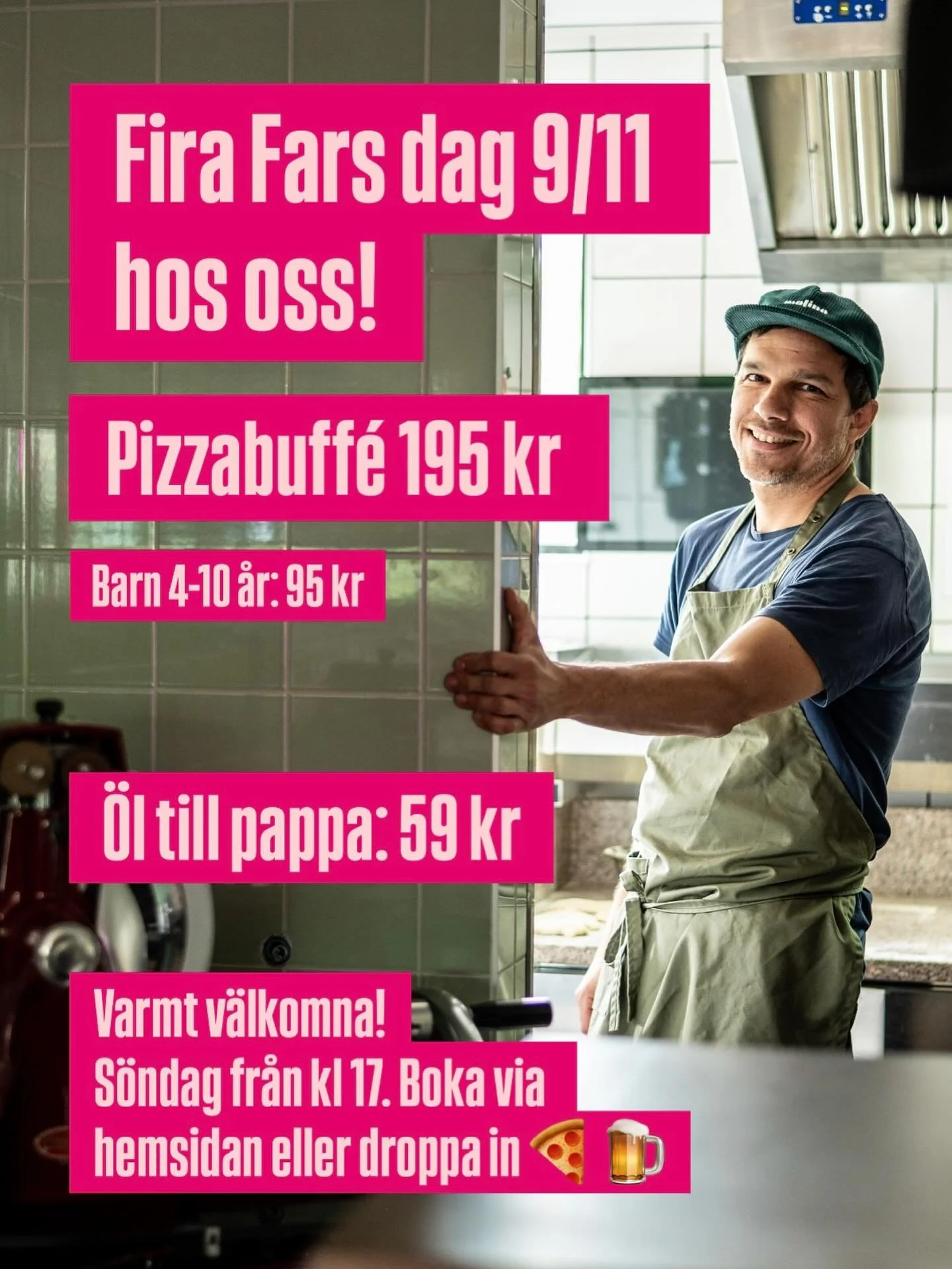 Kom och fira Fars dag med oss! Nu p&aring; s&ouml;ndag 9/11 fr&aring;n kl.17. Vi dukar upp en h&auml;rlig pizzabuffe p&aring; baren f&ouml;r 195 kr, 95 kr f&ouml;r barn. Boka via hemsidan eller droppa f&ouml;rbi. Varmt v&auml;lkomna! 🍕🍺❤️