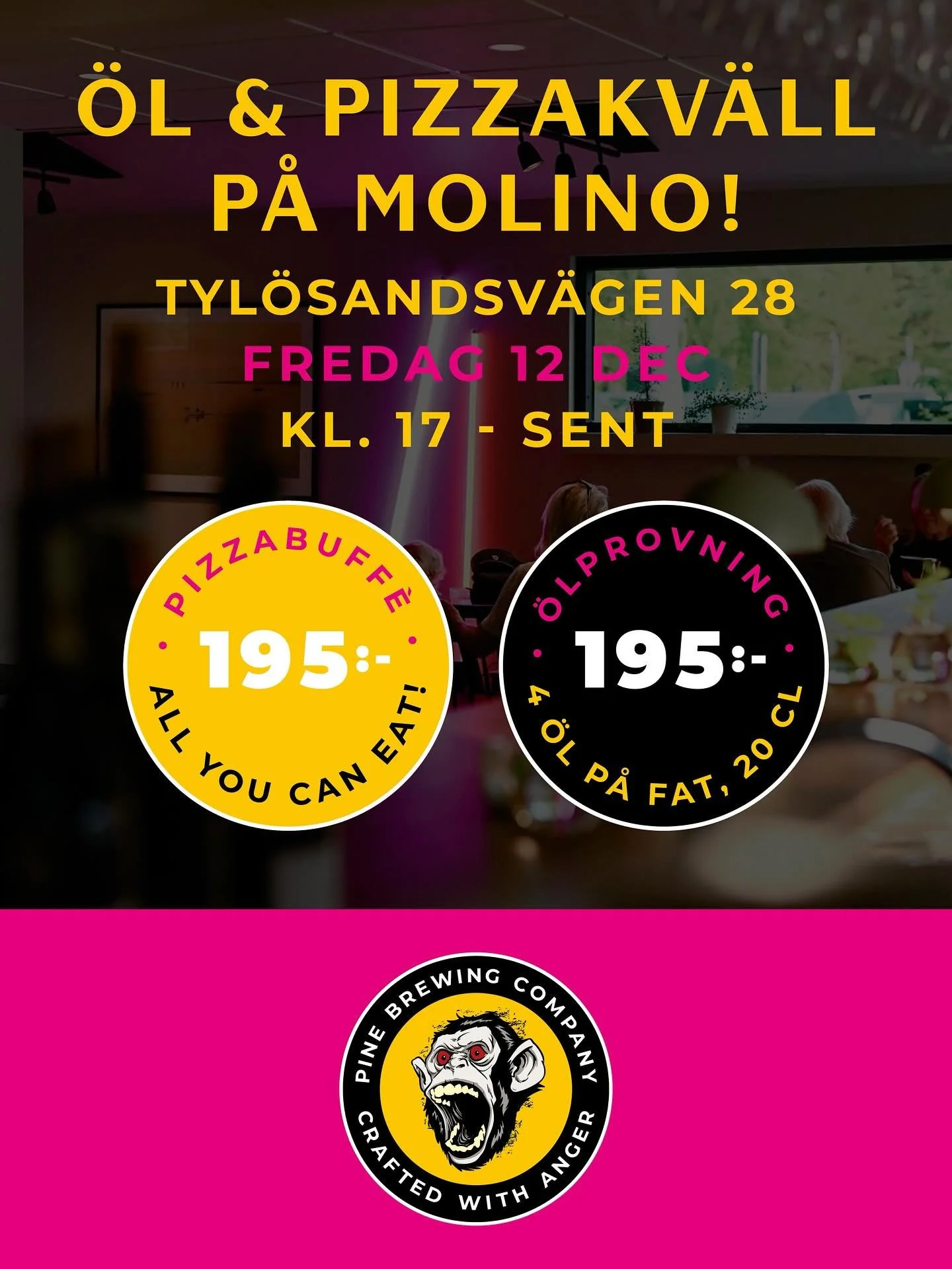 V&auml;lkomna till &ouml;lprovning med @pinebrewingcompany den 12/12 p&aring; Molino! Vi k&ouml;r pizzabuffe f&ouml;r 195 kr och ni f&aring;r testa fyra olika &ouml;l f&ouml;r 195 kr. 🍕 + 🍺 = ❤️ Boka g&auml;rna bord eller droppa f&ouml;rbi. Det bli