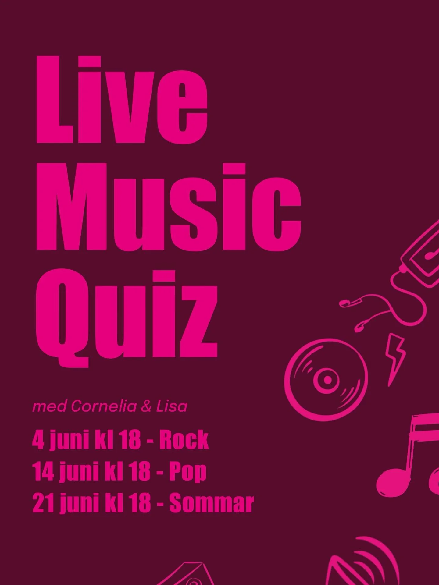 Detta f&aring;r ni inte missa! 🥳🎊 Vi har tv&aring; fantastiska tjejer Cornelia &amp; Lisa som kommer hit och k&ouml;r musikquiz 4,14 &amp; 21 juni. Njut av livemusik, quiz, fantastisk mat och dryck 🎶🍕🍷 Boka bord som vanligt p&aring; hemsidan.