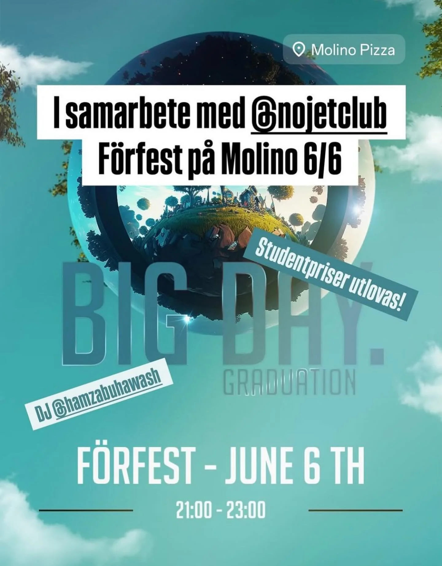 I samarbete med @nojetclub: Nu p&aring; l&ouml;rdag mellan kl. 21&ndash;23 bjuder vi in alla studenter till f&ouml;rfest hos oss. @hamzabuhawash st&aring;r f&ouml;r musiken, vi bakar pizzor hela kv&auml;llen och kyler &ouml;len. Kom f&ouml;rbi, ta me