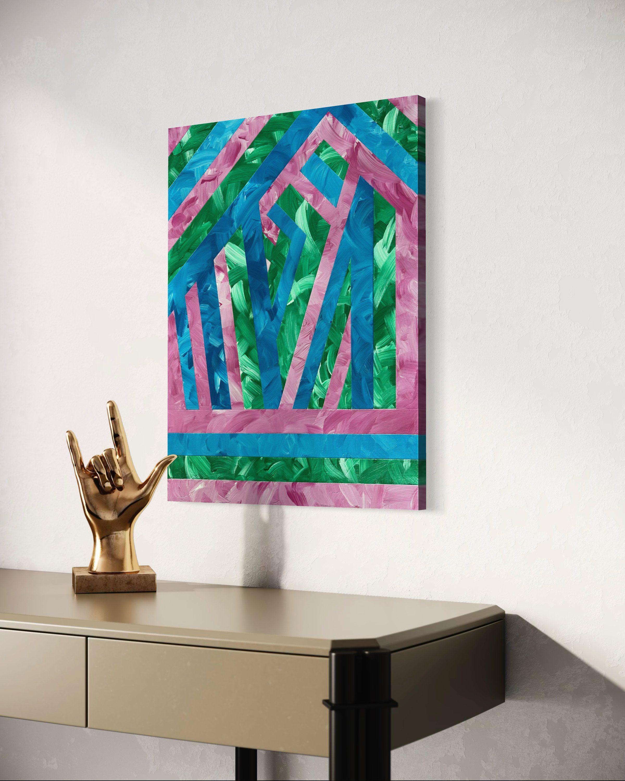 Zigzag Daydream, a vibrant geometric abstract painting with bold patterns by Kevin Town.