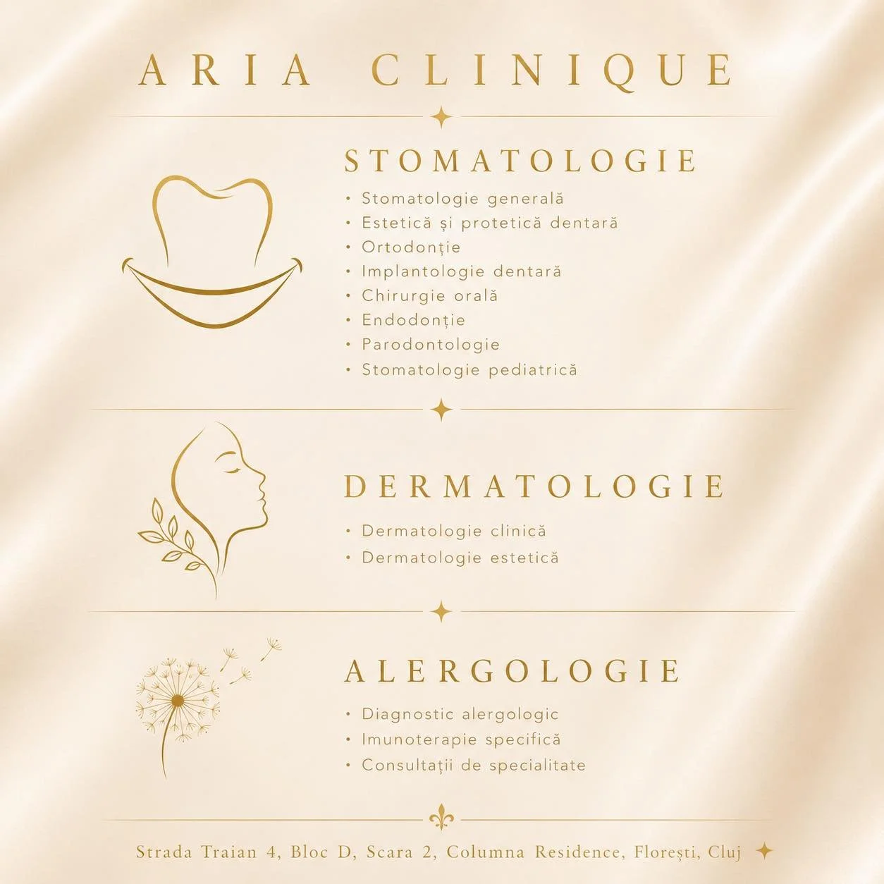 ✨ Grijă medicală, expertiză și eleganță, &icirc;ntr-un singur loc.

La ARIA CLINIQUE &icirc;ți oferim servicii medicale integrate, adaptate nevoilor tale, &icirc;ntr-un ambient premium, conceput pentru confort și &icirc;ncredere.

🦷 Stomatologie
&bu