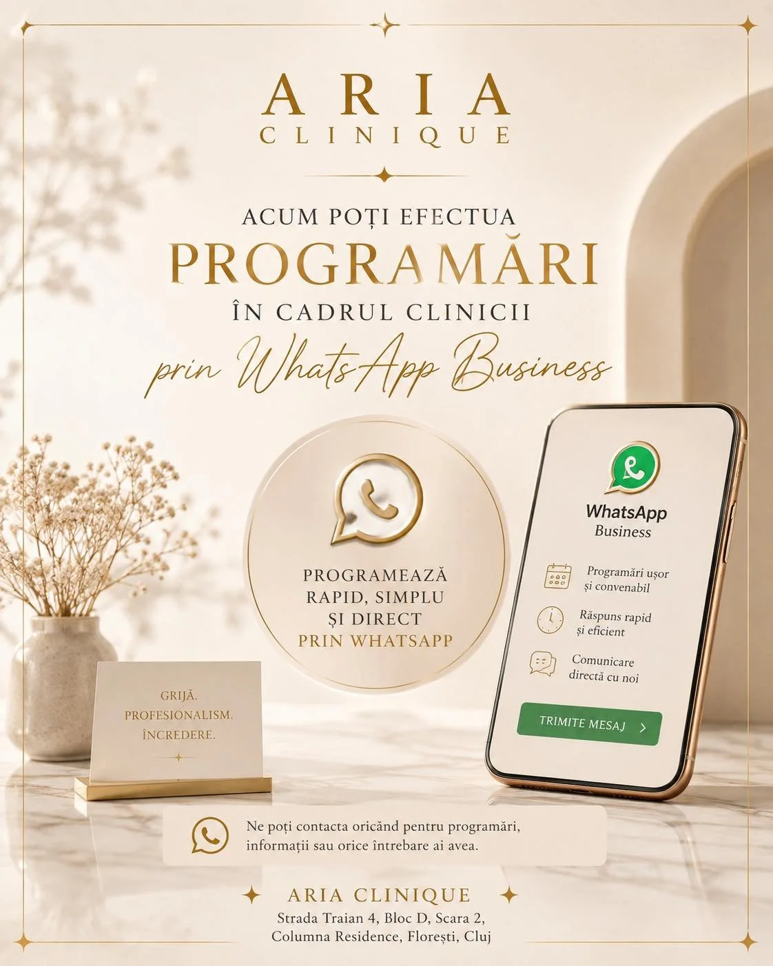 Programările la ARIA CLINIQUE sunt acum și mai simple. ✨

Ne poți contacta direct prin WhatsApp Business pentru programări, informații despre serviciile clinicii sau pentru a găsi &icirc;mpreună intervalul potrivit pentru tine.

Rapid, simplu și dire