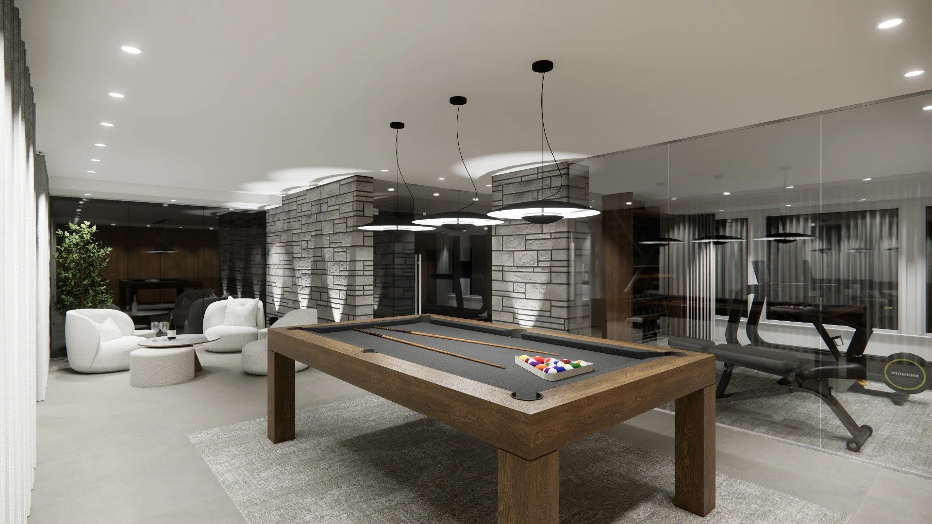 |Cap sur le fleuve
Le coin billard invite &agrave; la d&eacute;tente et aux moments de plaisir entre proches, sous un &eacute;clairage soigneusement &eacute;tudi&eacute; qui met en valeur les volumes et les textures. Juste &agrave; c&ocirc;t&eacute;,