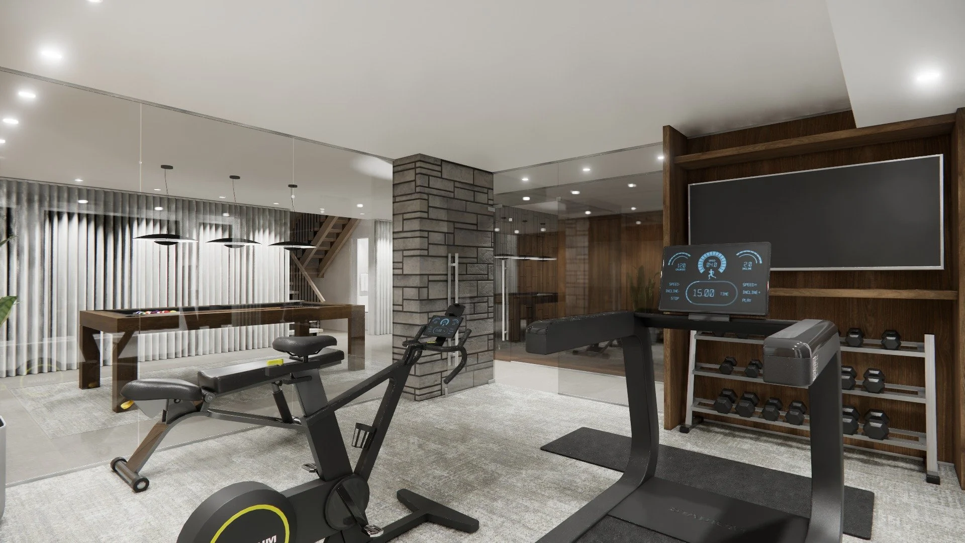|Cap sur le fleuve
Enfin, l&rsquo;espace gym vitr&eacute; ajoute une dimension fonctionnelle sans nuire &agrave; la fluidit&eacute; visuelle. L&rsquo;ouverture entre les zones permet de profiter d&rsquo;un environnement polyvalent et &eacute;volutif,