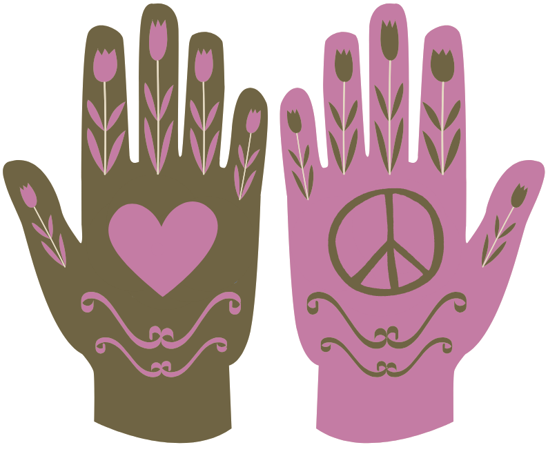 Illustration of two stylized hands, one brown with a heart and floral design, and the other pink with a peace sign and floral design, against a beige background.