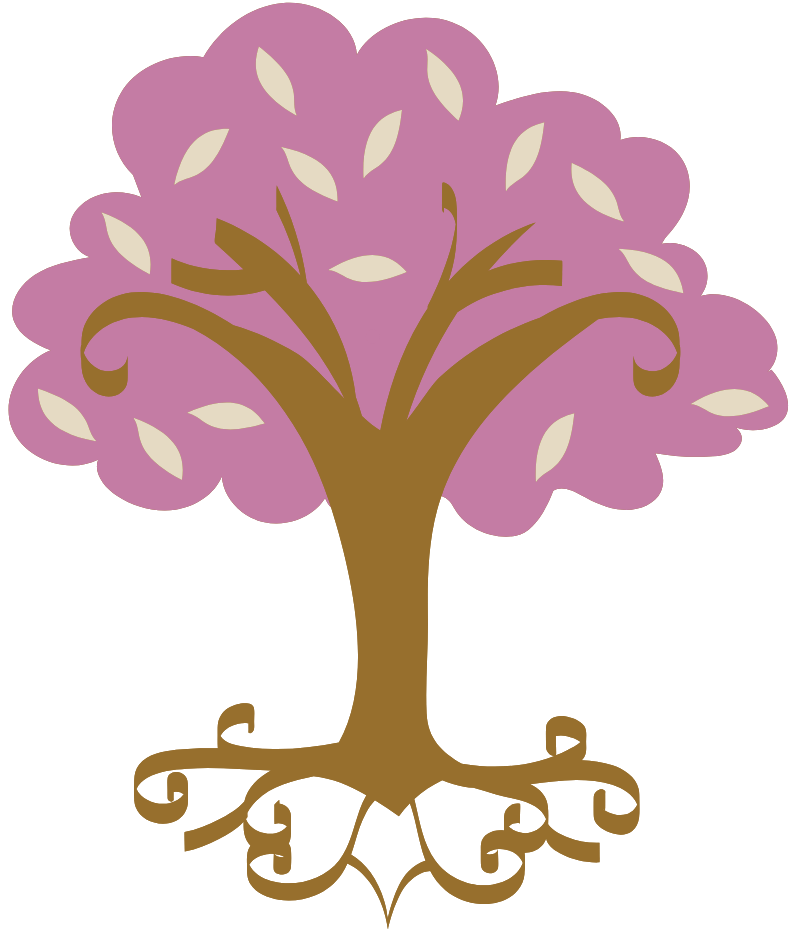 A stylized illustration of a tree with purple foliage, a brown trunk and branches, and cream-colored leaves. There is a small orange heart on the trunk.
