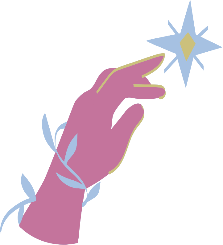 A pink hand with blue leaves wrapping around the wrist, reaching towards a glowing star shape on a beige background.