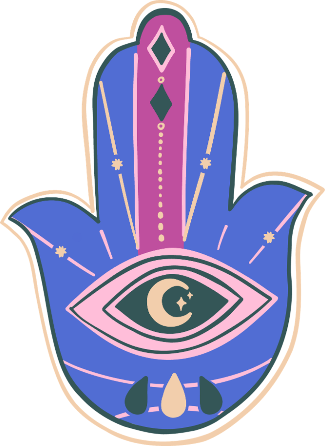 A stylized Hamsa hand with an eye featuring a moon and stars in the center, decorated with lines and dots in shades of blue, pink, purple, and cream.