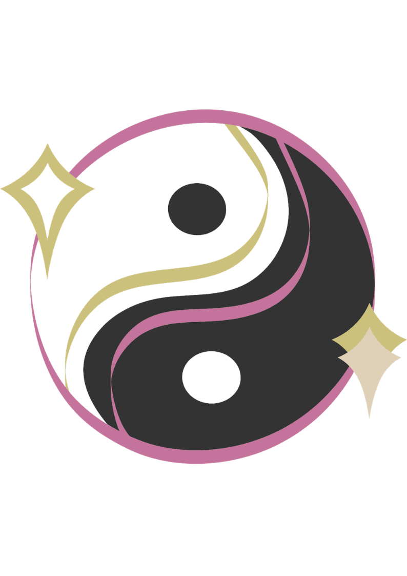 Stylized yin-yang symbol with black and cream sections, accented by purple outlines, embedded with sparkle effects on a beige background.