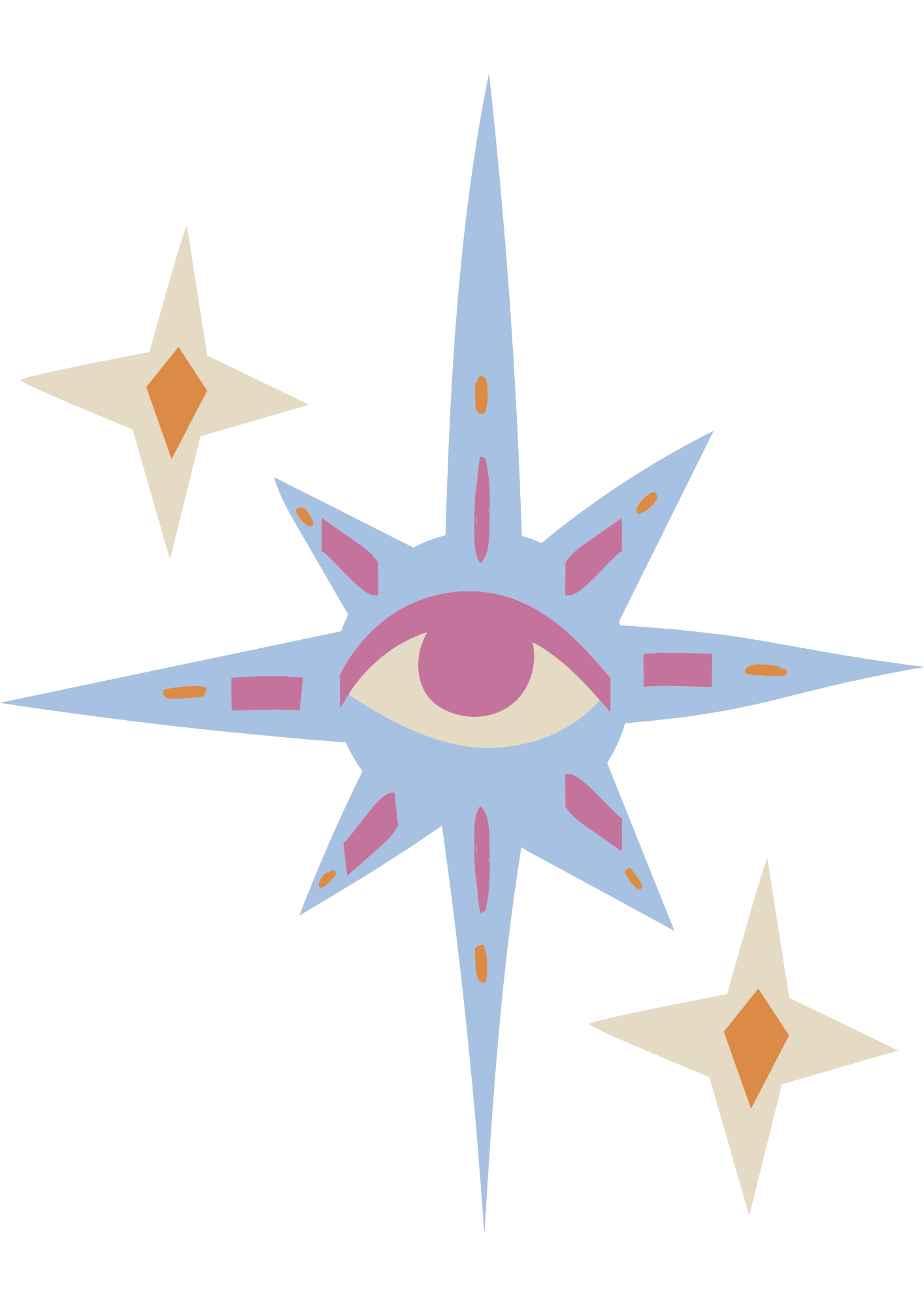 Stylized compass rose with an eye in the center, in pastel colors, on a beige background with two smaller diamond shapes.