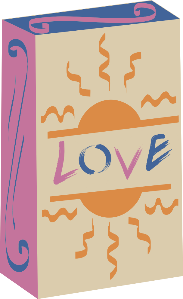 A colorful illustration of a box with a sunset and the word LOVE written on it, featuring pink, purple, orange, and blue accents.