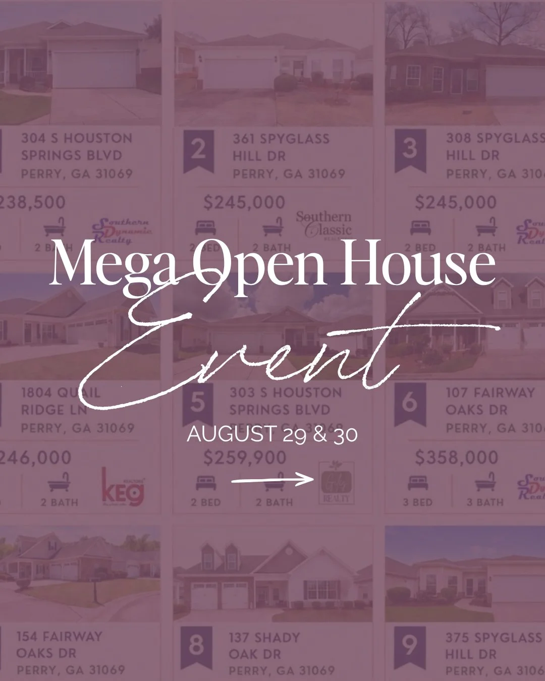 Two days. One big weekend of open houses! 🏡

Join us for the Mega Open House Event on August 29&ndash;30 from 11 AM&ndash;3 PM and tour two of Tina&rsquo;s Perry listings, along with LOTS of others!

📍 375 Spyglass Hill Drive
📍 154 Fairway Oaks Dr