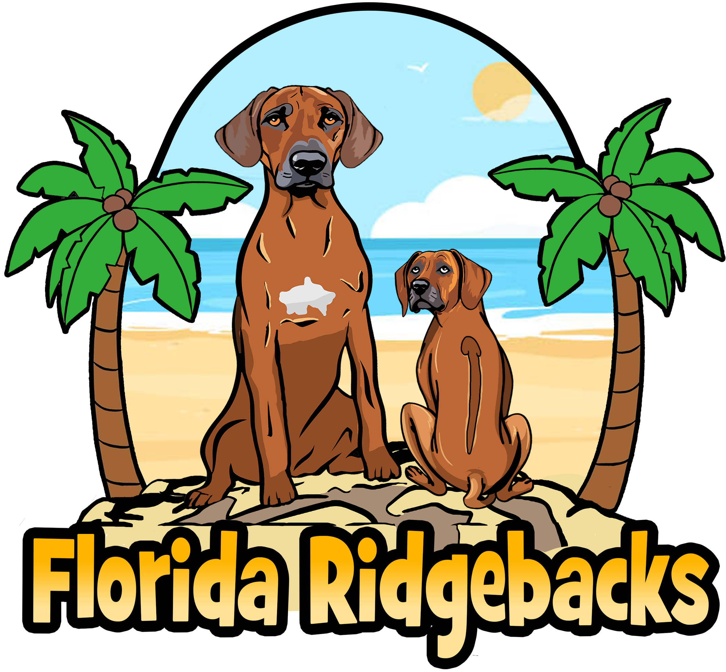 Illustration of two ridgeback dogs sitting on a rock on a beach with palm trees, ocean, and sun in the background, with the text 'Florida Ridgebacks' at the bottom.